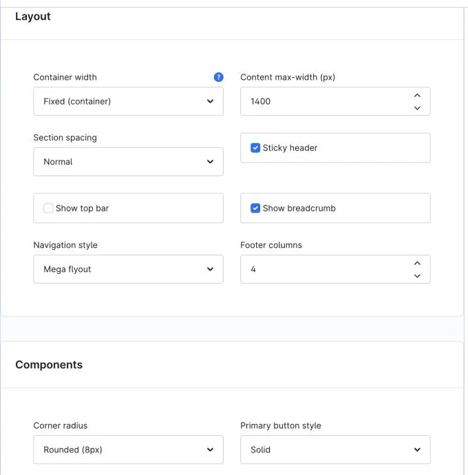 The theme's Layout settings in the Shopware Administration: container width, content max-width, section spacing, sticky header, top bar, breadcrumb, navigation style and footer columns.