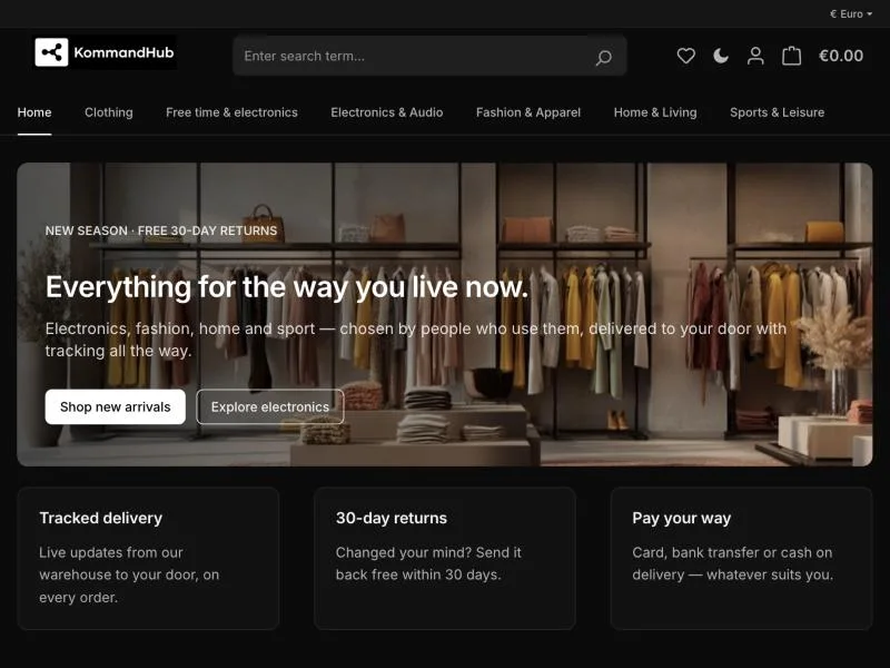 The same home page in dark mode, with the logo inverted and the palette flipped.