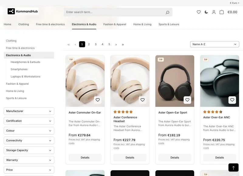 A category listing page with filters, pagination and a product grid, where the rating stars are the only coloured element.