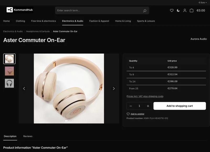 The same product page in dark mode.