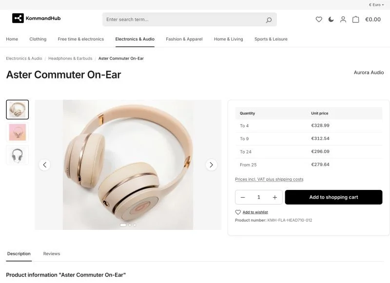 A product detail page in light mode with breadcrumb, gallery, tiered pricing table and add-to-cart.